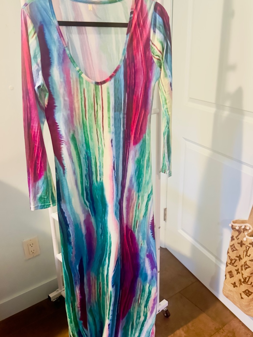 Long-Sleeve Maxi Dress in Teal, Magenta & Aqua